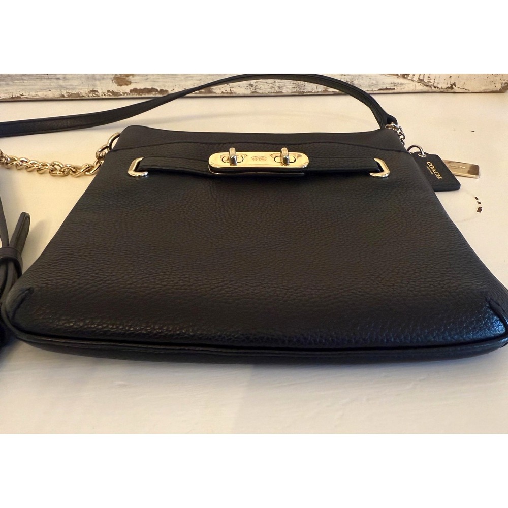Coach Crossbody Bag Womens Small Black Leather Zip Top Chain Turnlock - Picture 3 of 12